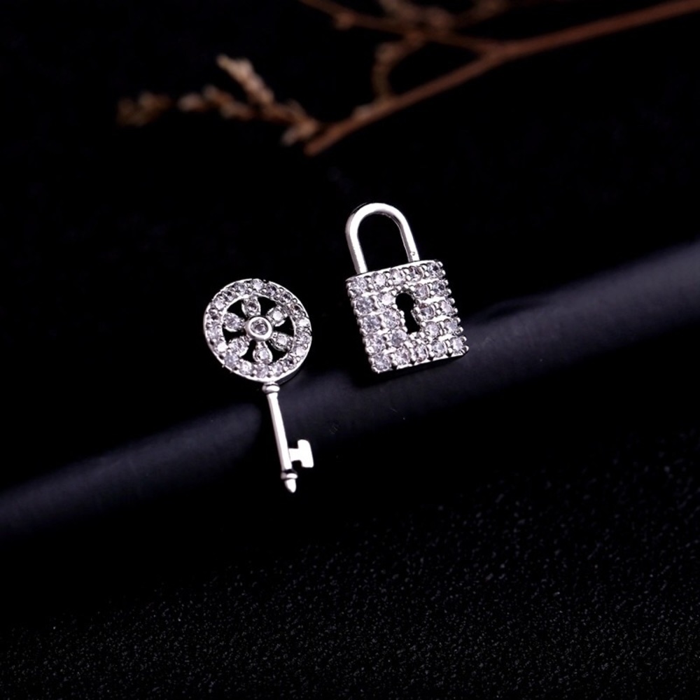 Crystal Cubic Zirconia Lock Key Stud Earrings
